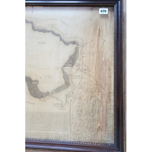 670 - A silk map of Whittlesey Mere - silk in poor condition - 66cm x 46cm