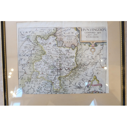 671 - A coloured framed map of Huntingdon circa 1610 by Saxton Kip - 33cm x 25cm