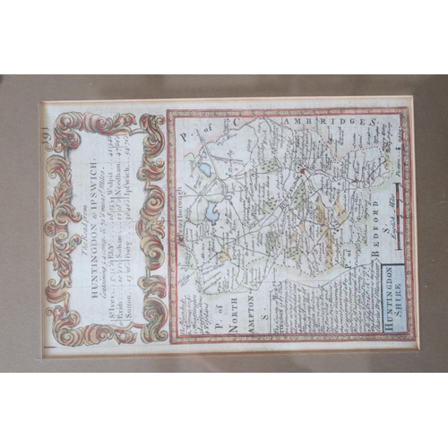 674 - A framed map of Huntingdon Ipswich Road, double sided by Owen & Bowen circa 1740 - 18cm x 12cm