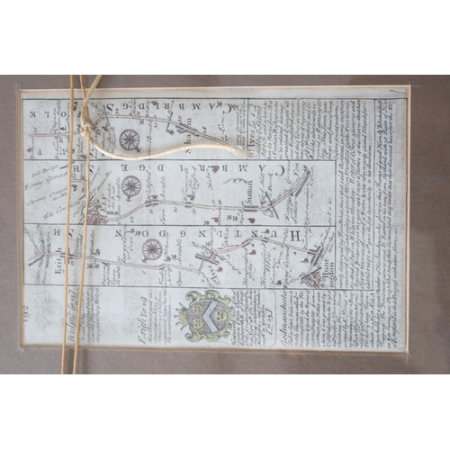 674 - A framed map of Huntingdon Ipswich Road, double sided by Owen & Bowen circa 1740 - 18cm x 12cm