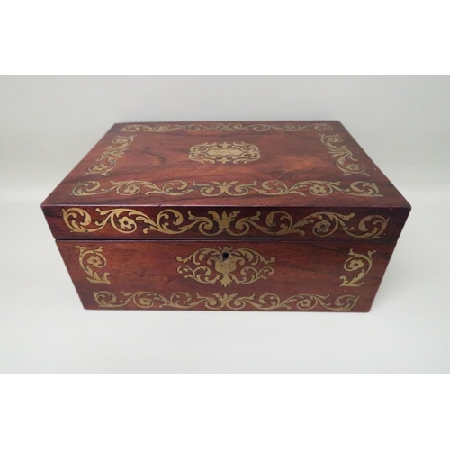 692 - A brass inlaid sewing box, foliate design with a central cartouche and fitted interior