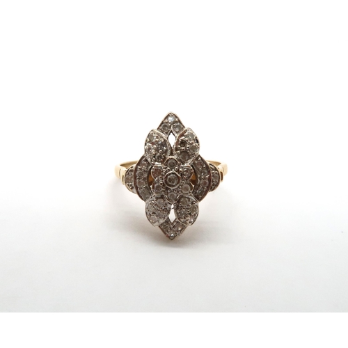 70 - An 18ct yellow gold Art Deco style marquis shape diamond cluster ring, head size approx 20mm x 16mm,... 