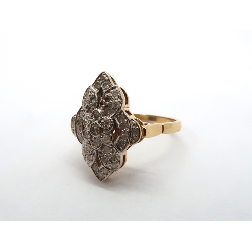 70 - An 18ct yellow gold Art Deco style marquis shape diamond cluster ring, head size approx 20mm x 16mm,... 