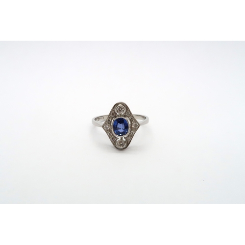 74 - A platinum Art Deco style sapphire and diamond ring, sapphire good colour, diamonds are bright and l... 