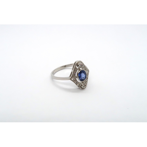 74 - A platinum Art Deco style sapphire and diamond ring, sapphire good colour, diamonds are bright and l... 