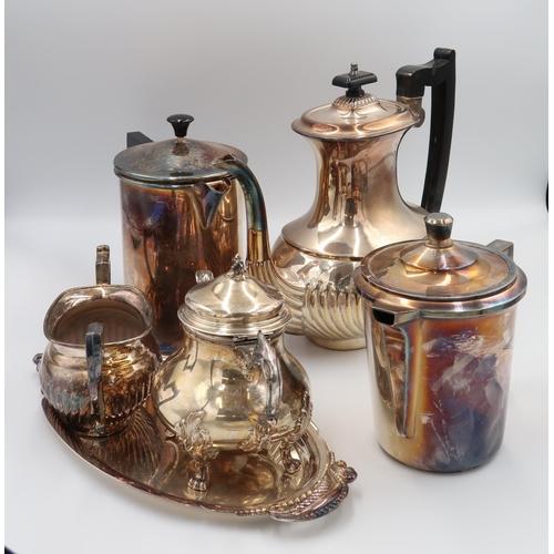 387 - A selection of silver plated items including flatware, tea pot, milk, sugar, peppers etc