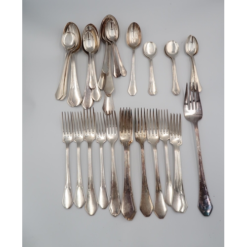 387 - A selection of silver plated items including flatware, tea pot, milk, sugar, peppers etc