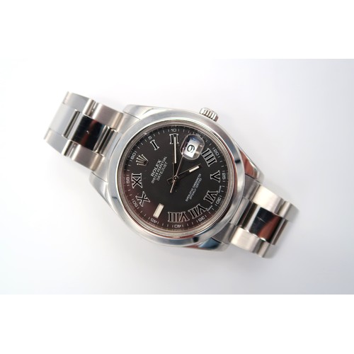 272 - A Rolex Oyster Perpetual Datejust stainless steel wristwatch, dark grey dial with Roman numeral mark... 