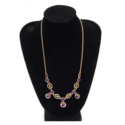 100 - A 9ct yellow gold and amethyst link necklace, approx 10 grams, 40cm long