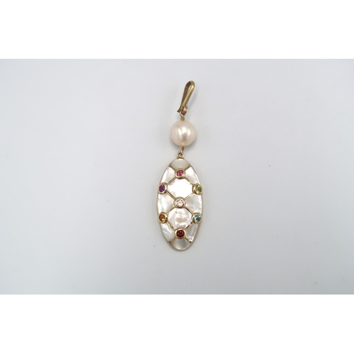 116 - An oval mother of pearl pendant inlaid with seven stone collets to the 10mm cultured pearl surmount.... 