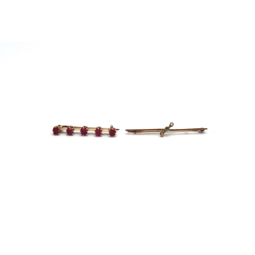 127 - Two bar brooches - one set with five rubies, metal pin, tests 18ct gold. Weight approx 2.73 grams. O... 