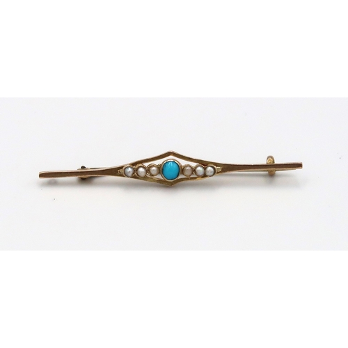 136 - A 9ct yellow gold turquoise and seed pearl bar brooch - approx weight 1.94 grams