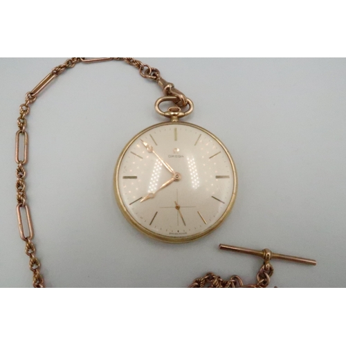 252 - A 9ct yellow gold cased Omega open faced pocket watch with baton markers to champagne coloured dial,... 