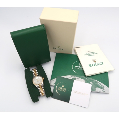 264 - A ladies Rolex oyster perpetual datejust watch on bi-metal strap with box and paperwork, recently se... 