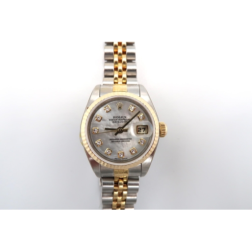 264 - A ladies Rolex oyster perpetual datejust watch on bi-metal strap with box and paperwork, recently se... 