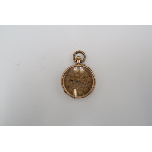 322 - An open face fob watch stamped 14K. Weight 31.24 grams. Together with another fob watch with shell d... 