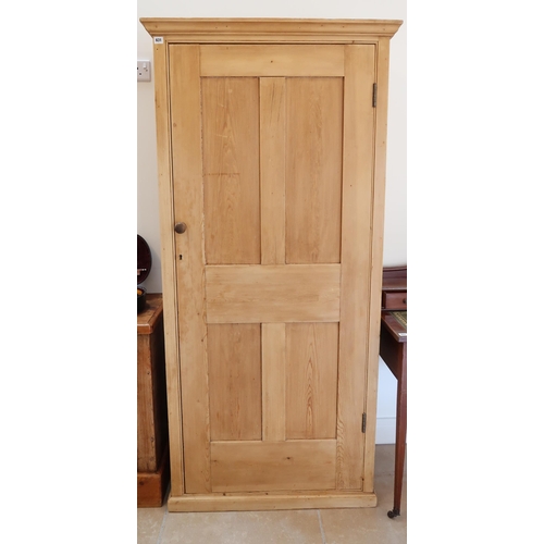 631 - A Pine cupboard with single door opening to reveal shelves, raised on plinth. 87cm wide x 37cm deep ... 