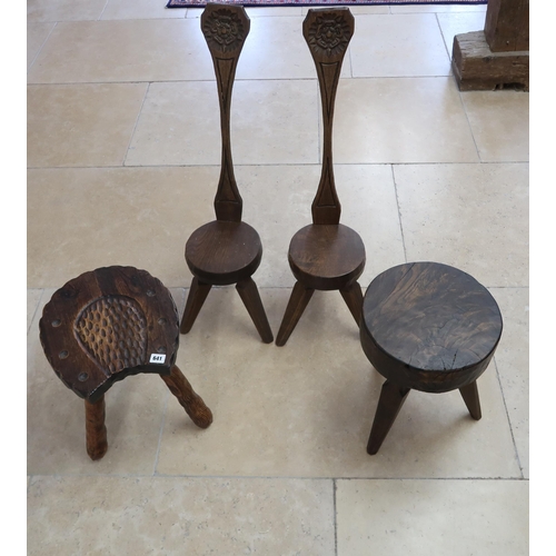 641 - GB Pegg, pair of carved high back stools, horseshoe carved stool, 84cm high, and Jack Grimble carved... 