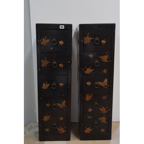 652 - A pair of oriental inspired five drawer chests decorated with gilt highlights, butterflies and snake... 