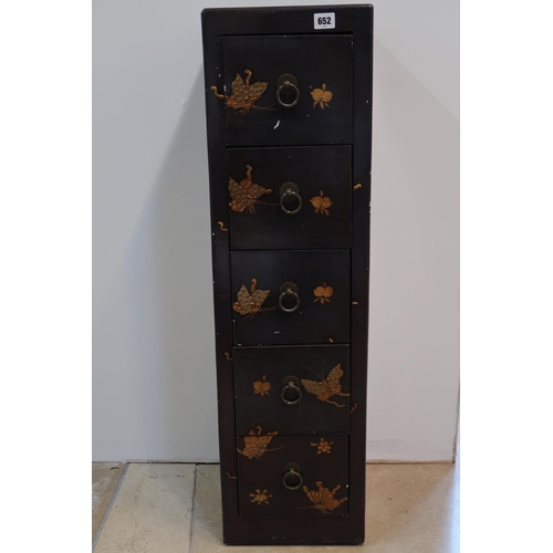 652 - A pair of oriental inspired five drawer chests decorated with gilt highlights, butterflies and snake... 