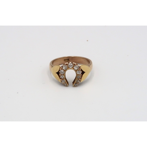 90 - An 18ct yellow gold (tested) diamond horseshoe ring size U 1/2, total weight approx 6.63 grams