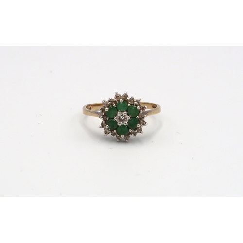 92 - A 9ct yellow gold emerald and diamond cluster ring, size P/Q, approx 2.32 grams