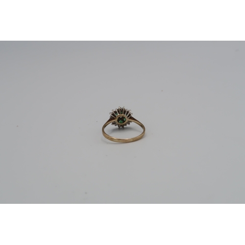 92 - A 9ct yellow gold emerald and diamond cluster ring, size P/Q, approx 2.32 grams