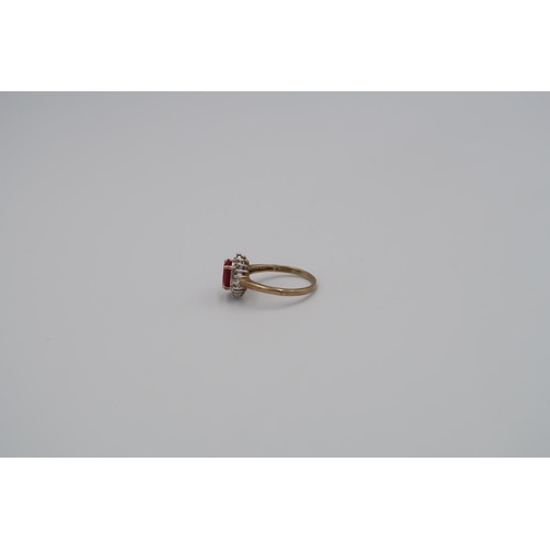 160 - A 9ct Yellow Gold Ruby and Diamond Dress ring, the central Oval cut Ruby surrounded by small old cut... 