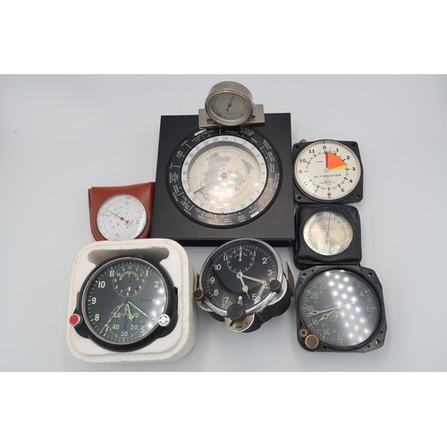 491 - A selection of aircraft and car instruments to include altimeters, barometers and clocks