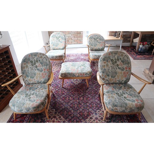 643 - A set of four Ercol Windsor armchairs and footstool