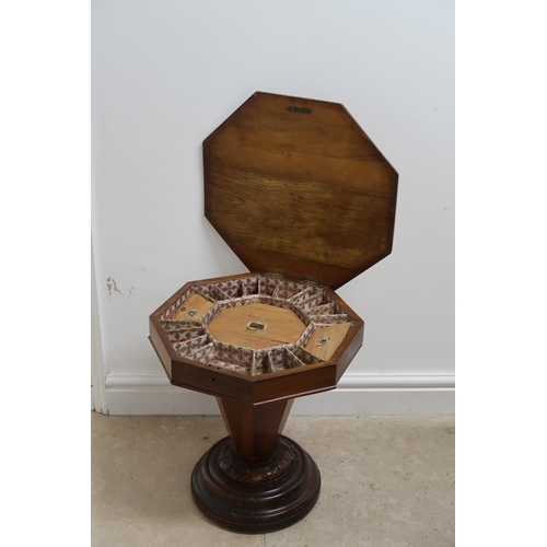 628 - A Trumpet shaped Walnut work/games table with marquetry inlaid chess board to top. A/F. 48cm x 48cm ... 