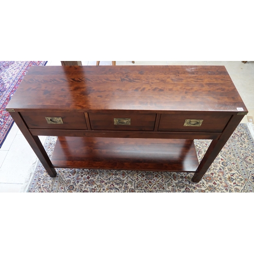 639 - A three drawer two tier hall table of three drawers with campaign handles. 74cm high x 136cm wide x ... 