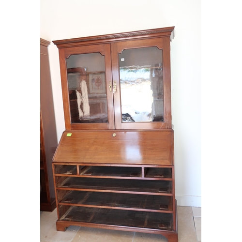 674 - A Georgian mahogany Bureau bookcase, Cornice over twin glazed doors over fall front opening to revea... 