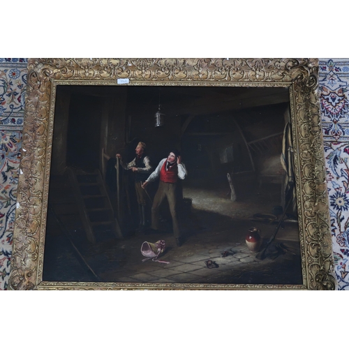 600 - A Large Gilt Framed Oil on Board Interior scene with figures. 72cm x 60cm