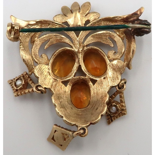 10 - A 9ct gold century citrine and seed pearl brooch. Width 37mm. With metal pin. Weight 12.06 grams