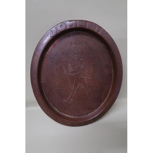 491 - A Johnnie Walker vintage oval copper tray, circa 1920 with embossed decoration.