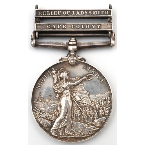 540 - Two South African campaign medals one with two clasps for The Relief of Ladysmith and Cape Colony, t... 