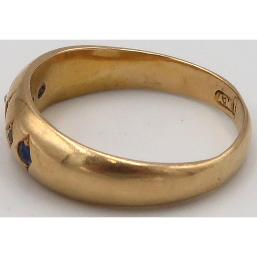 57 - An 18ct Yellow gold dress ring, Sapphire and Diamonds to shoulder Size R 2.76grams. A/F
Missing one ... 