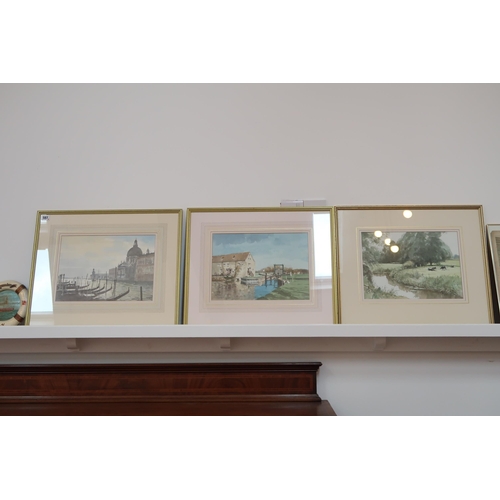 587 - Three framed and glazed watercolours by Stanley Orchart, Venice, Barnwell mill, and River Kym Great ... 