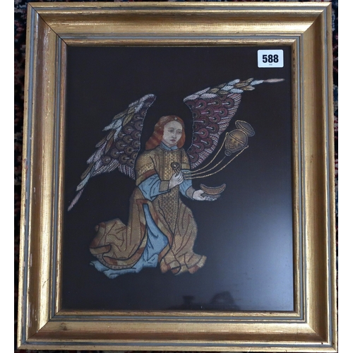 588 - Two gilt framed Religious subject embroidery's 32cm x 27cm and 28cm x 25cm respectively.