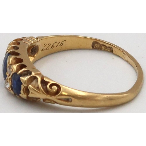 59 - An 18ct Yellow Gold dress ring, Sapphire and Diamond to shoulder Size N 3grams.
Missing one sapphire... 