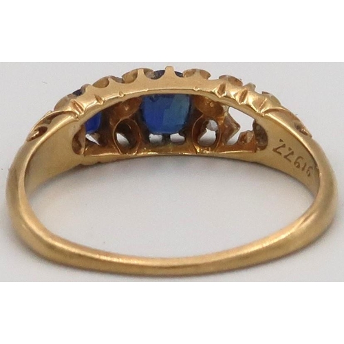 59 - An 18ct Yellow Gold dress ring, Sapphire and Diamond to shoulder Size N 3grams.
Missing one sapphire... 