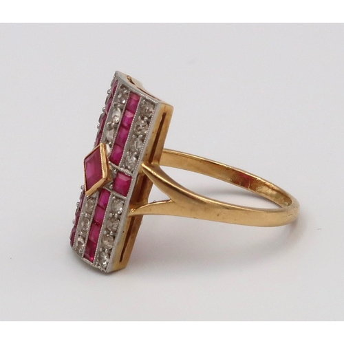 6 - An old cut diamond and ruby panel ring. Stamped 18ct. Ring size S. Weight 5.51 grams