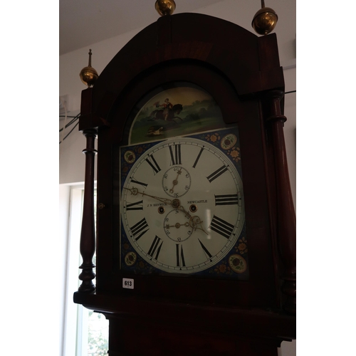 613 - A flamed mahogany veneered longcase clock by J.N.Renwick, Newcastle, painted dial with Roman Numeral... 