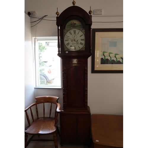 613 - A flamed mahogany veneered longcase clock by J.N.Renwick, Newcastle, painted dial with Roman Numeral... 