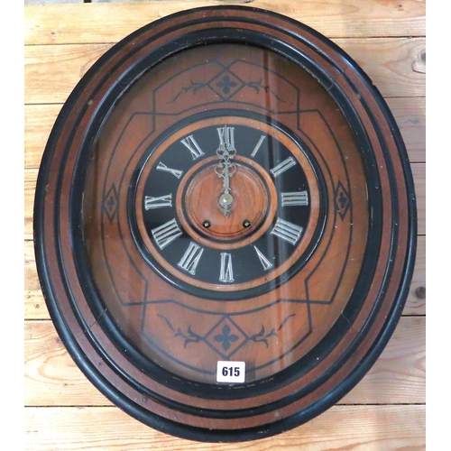 615 - A Circa 1900 French walnut and ebonised wall clock with Roman Numerals to chapter ring.