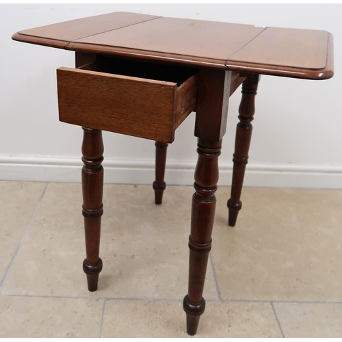 626 - A small Victorian mahogany Pembroke table, drop flaps over single drawer raised on turned supports 5... 