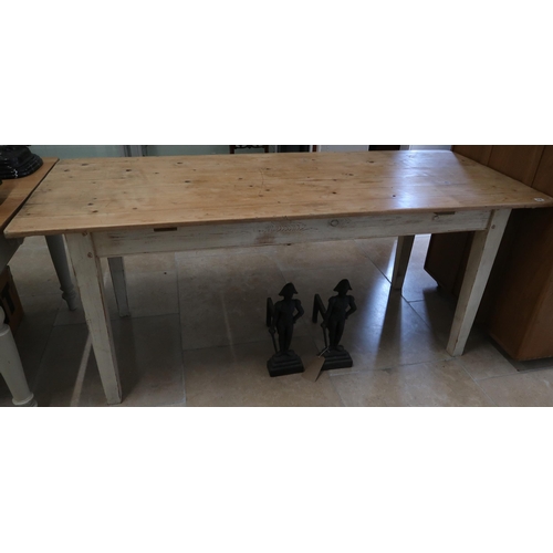 630 - A Rustic pine kitchen table grey painted base with stripped top. 183cm x 76cm wide x 75.5cm high.