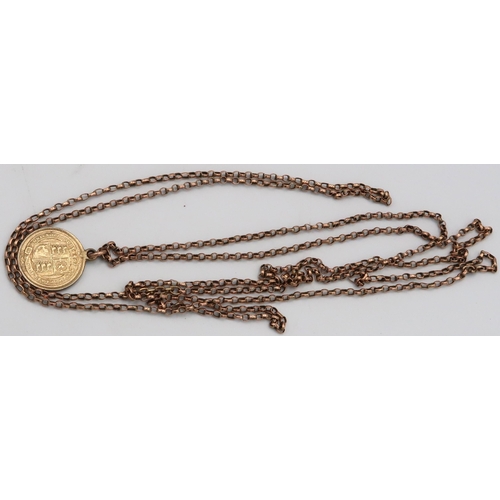 64 - A 9ct Yellow gold chain with a 1887 sixpence suspended, weight of chain 11.5grams.