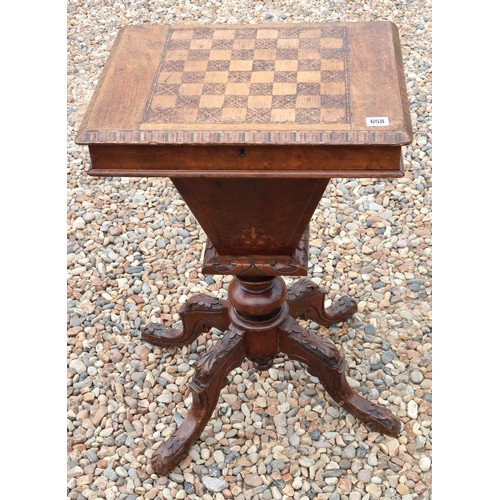 658 - A Games/needlework table with inlaid chess board to top, lift lid with enclosed fitted interior. 48c... 